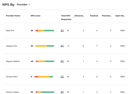 NPS By Provider data table